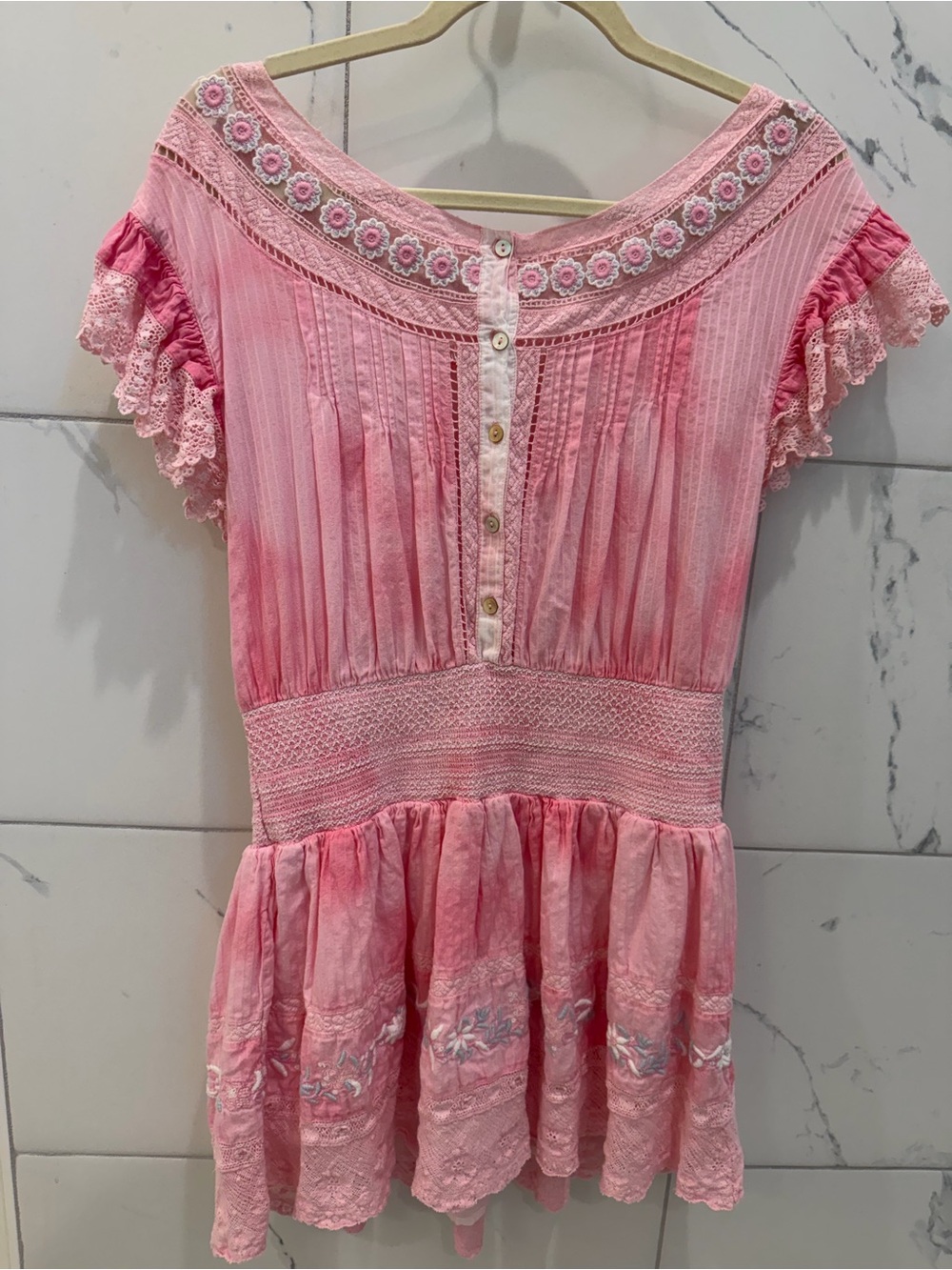 LoveShackFancy Pink Embroidered Crochet-Trim Dress